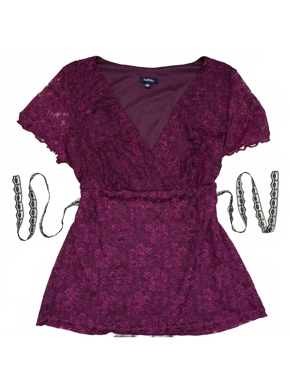 Vintage Reitmans Sz M Deep Purple Floral Lace Top Empire Tie Up Waist WhimsyGoth